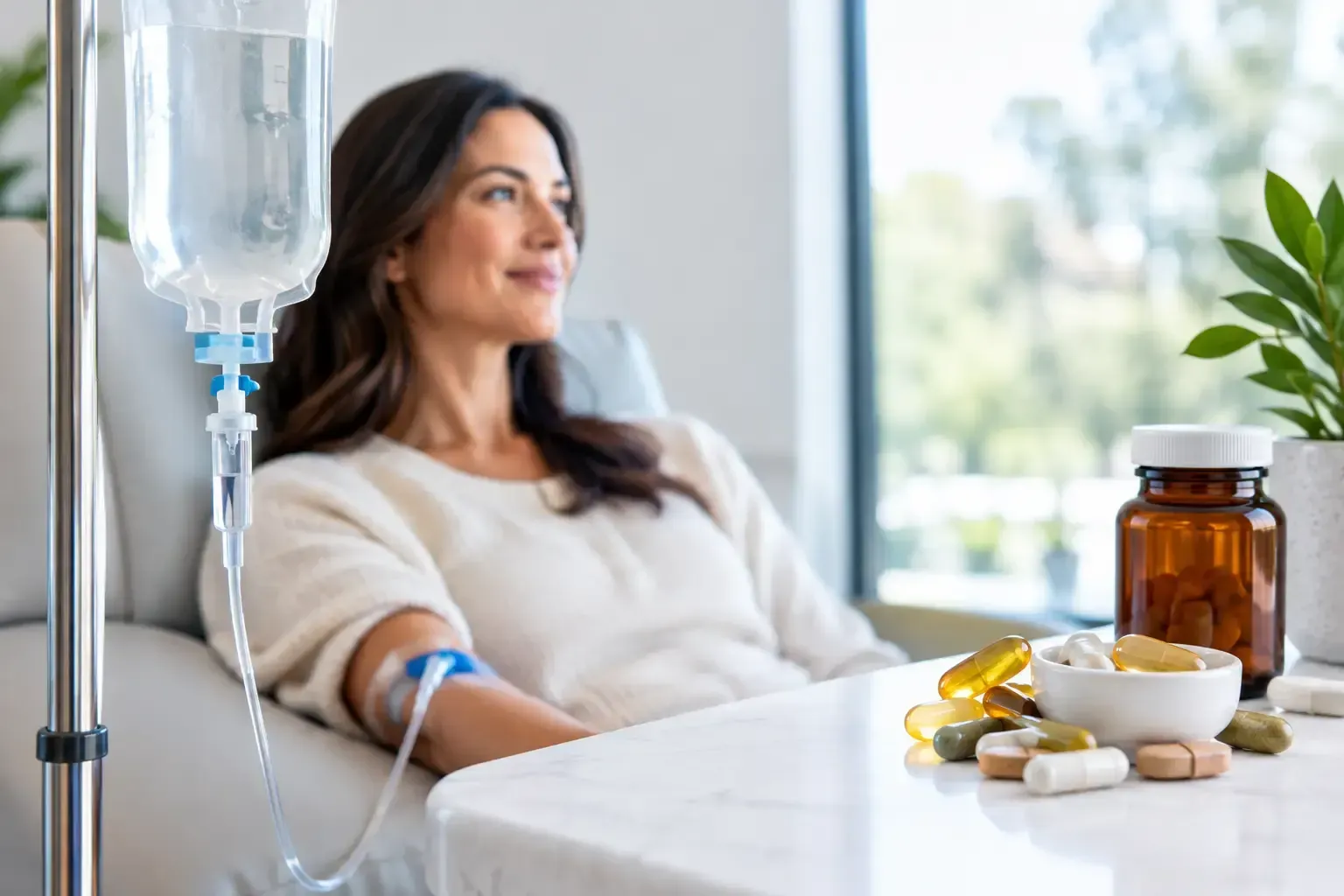 Woman relaxing with an IV drip beside a jar of supplement capsules, comparing IV vitamins at Detoxity