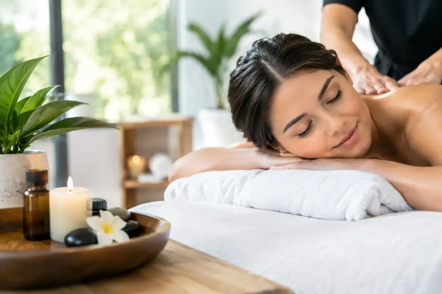 Woman relaxing on a spa table with a towel wrap, enjoying wellness membership perks at Detoxity