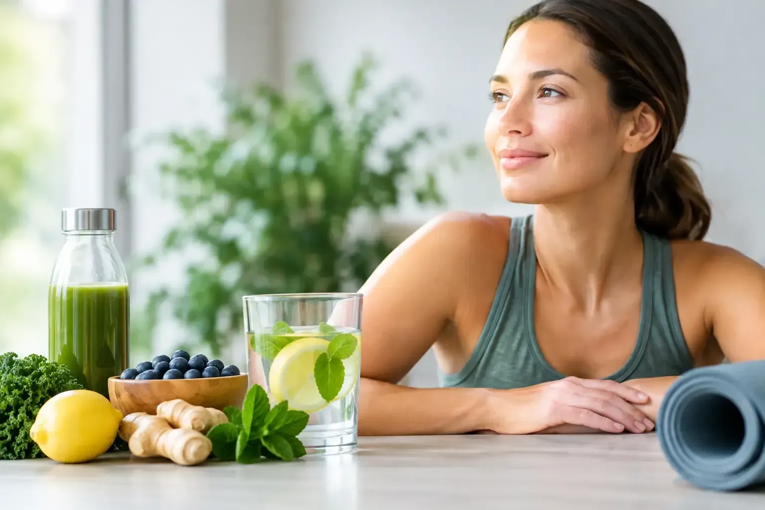 Smiling woman with green juice, lemons and a yoga mat, a healthy anti-inflammation routine with Detoxity