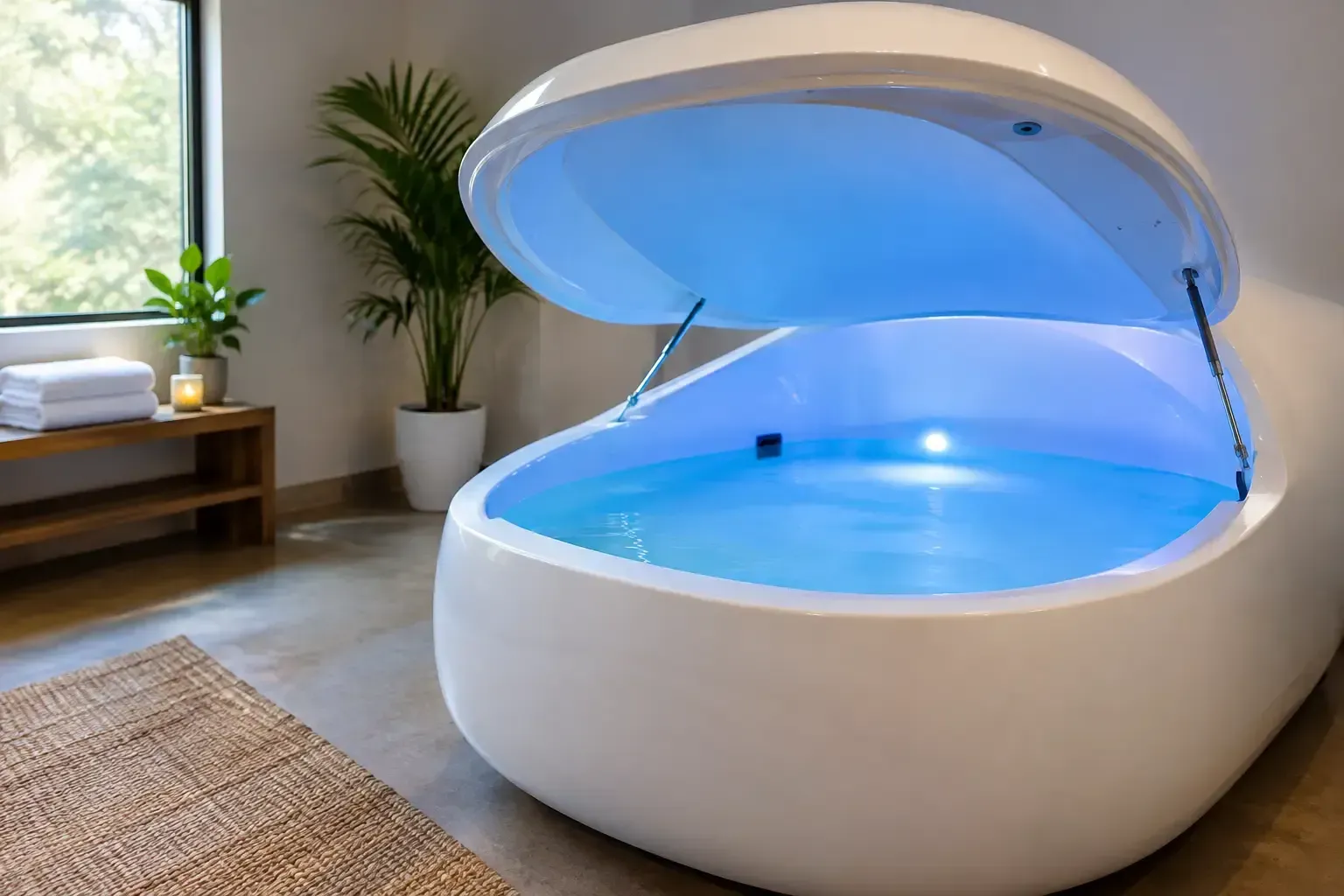Clean, open float pod glowing with soft blue light in a private float suite, float therapy at Detoxity