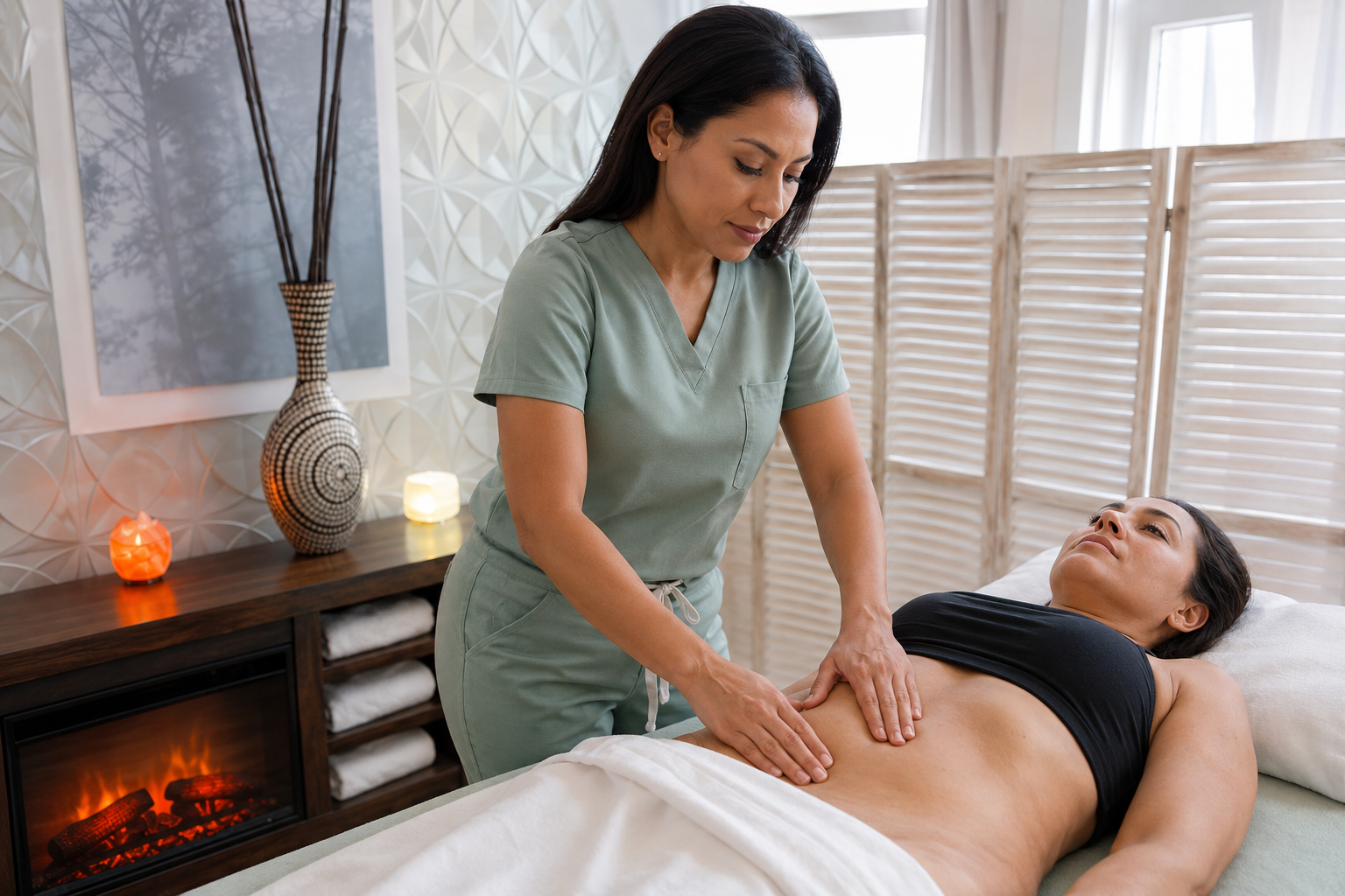 Detoxity therapist using gentle lymphatic drainage strokes on a client's abdomen in a calm treatment room in The Woodlands
