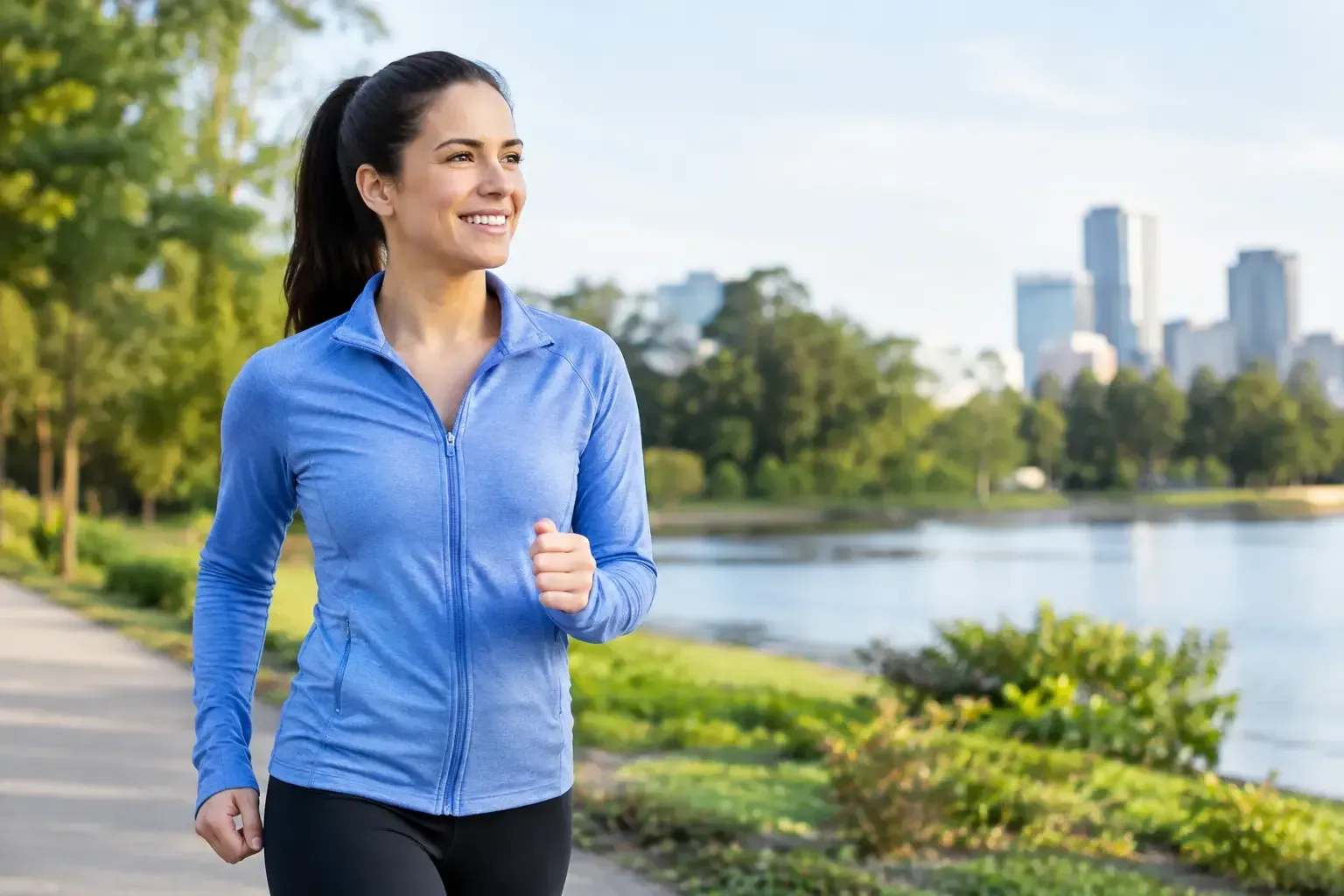 Woman jogging on a lakeside path to boost circulation, a daily wellness habit from Detoxity