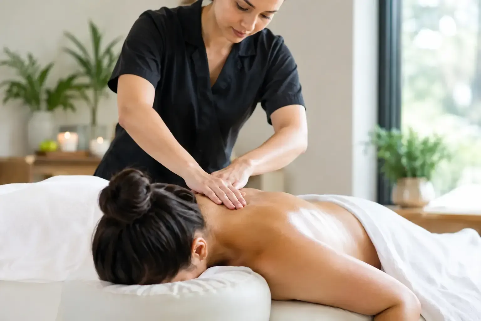 Therapist giving a client a focused therapeutic back massage in a calm treatment room at Detoxity