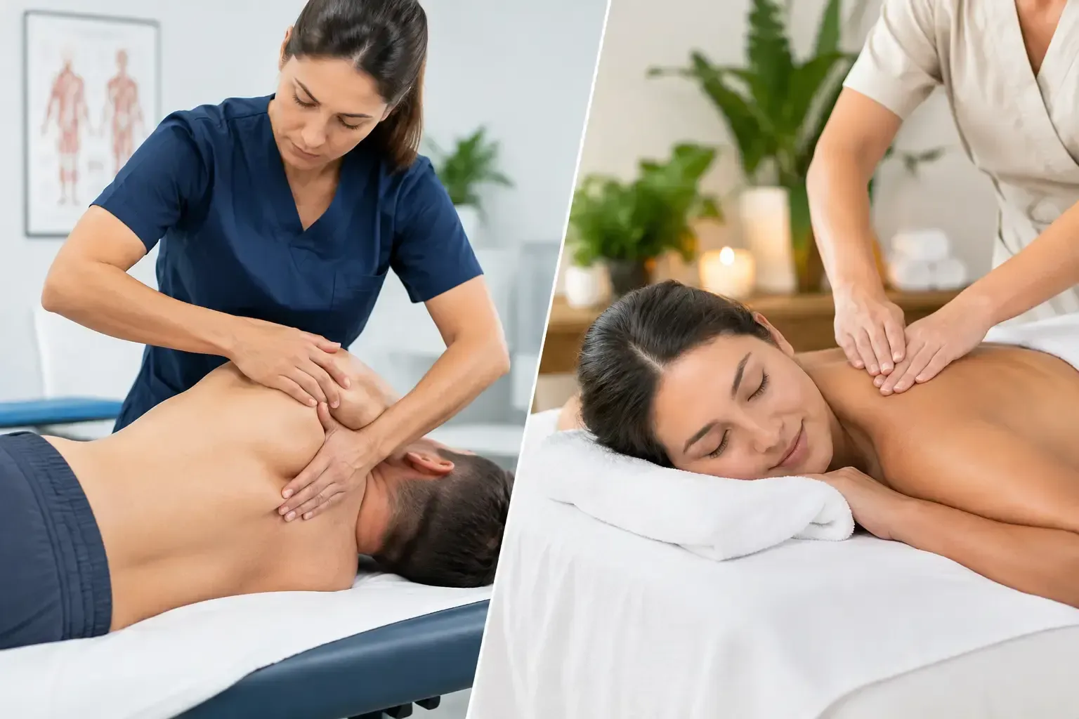 Side-by-side of a focused medical massage and a relaxing spa massage, comparing the two at Detoxity
