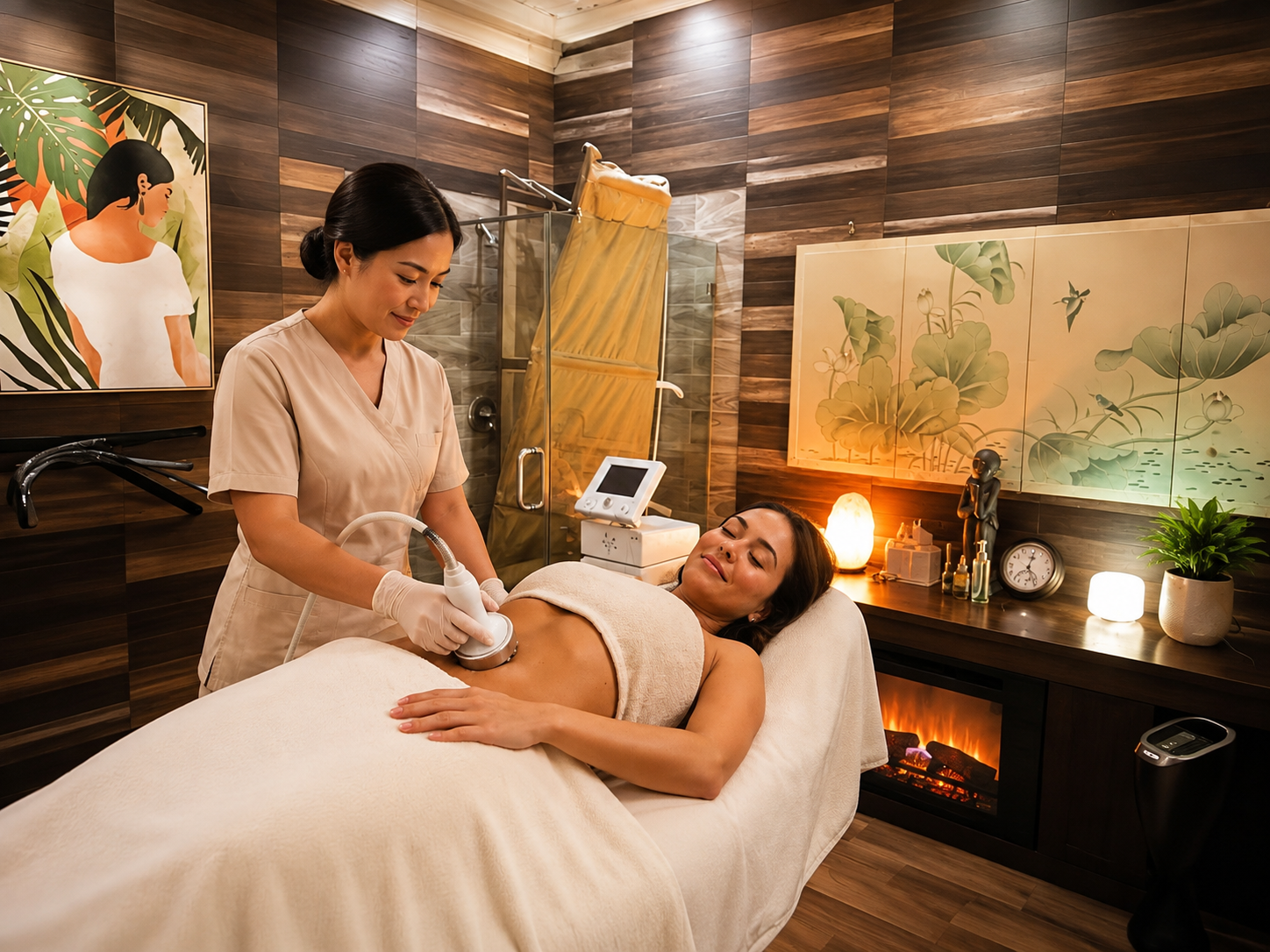 Detoxity therapist using a body contouring device on a client's abdomen during a cavitation session in The Woodlands, Texas