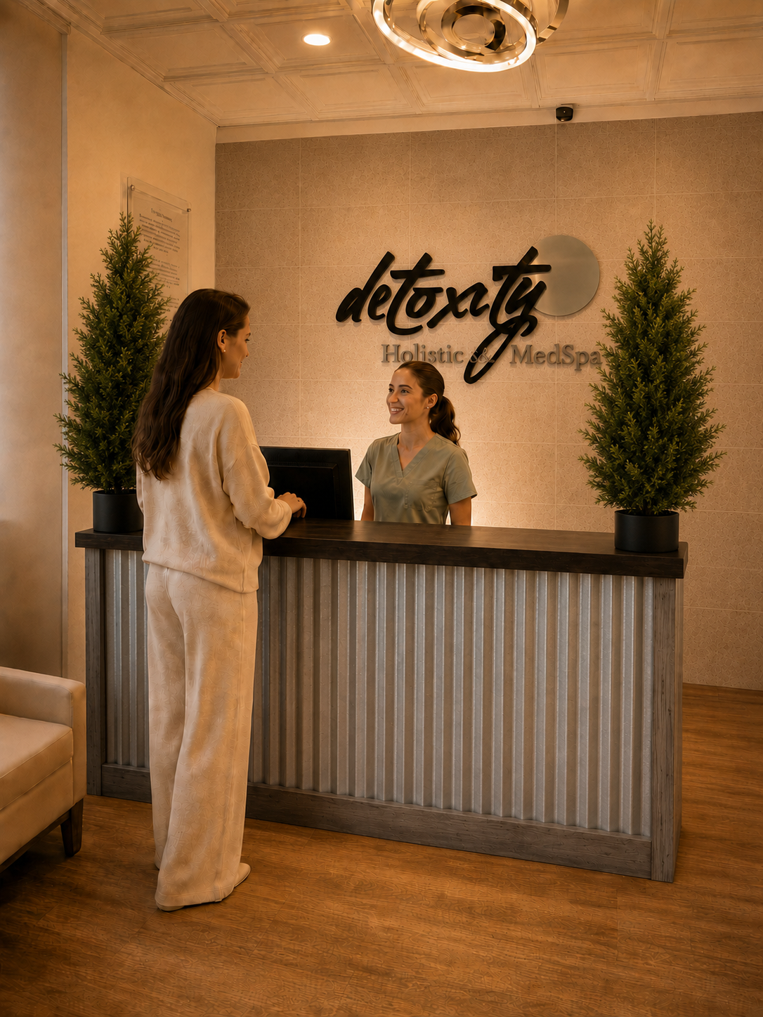 Client checking in with the friendly front desk team at the Detoxity Holistic MediSpa reception in The Woodlands, Texas