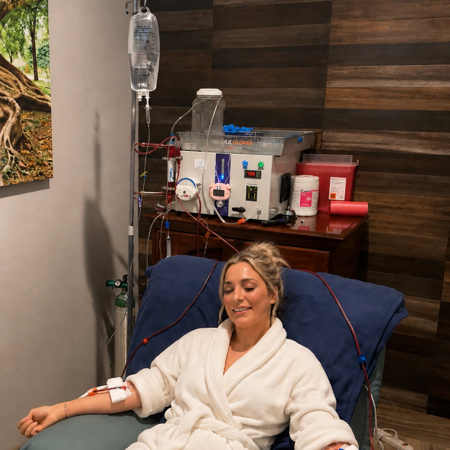 Smiling client in a robe relaxing in a reclining treatment chair during a physician-supervised EBOO session at Detoxity, TX