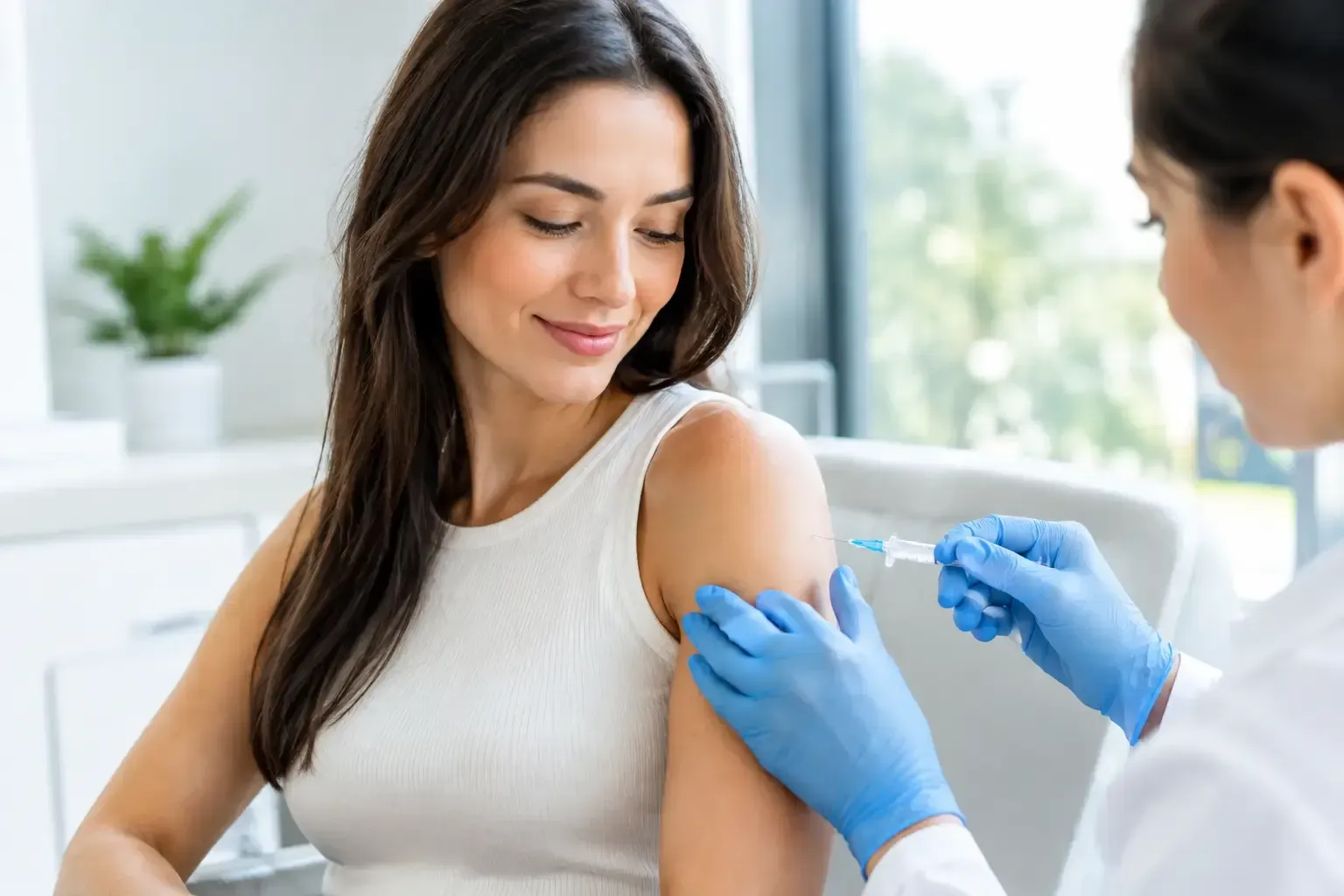 Gloved clinician giving a smiling woman a vitamin injection in the upper arm, a Detoxity wellness service