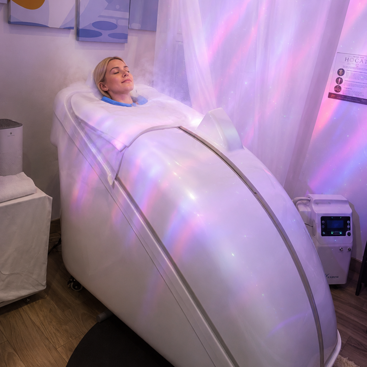 HOCATT ozone sauna in a clean, softly lit treatment room, one of the wellness package services at Detoxity in The Woodlands