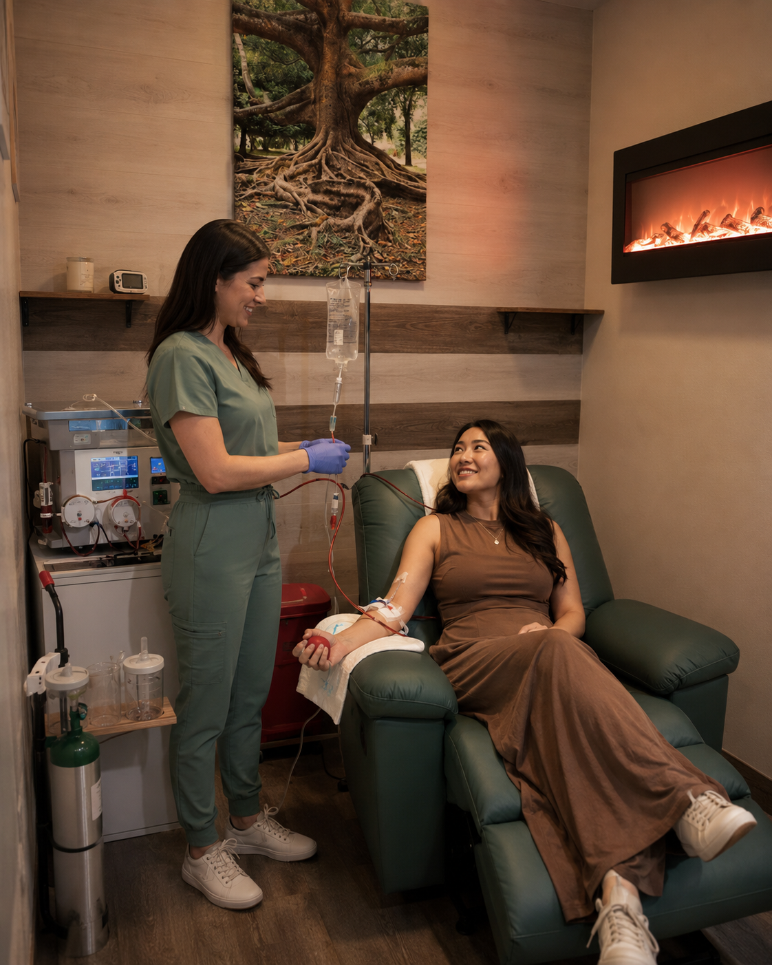 Detoxity nurse checking on a client resting in an IV chair during a physician-supervised IV session in The Woodlands, TX