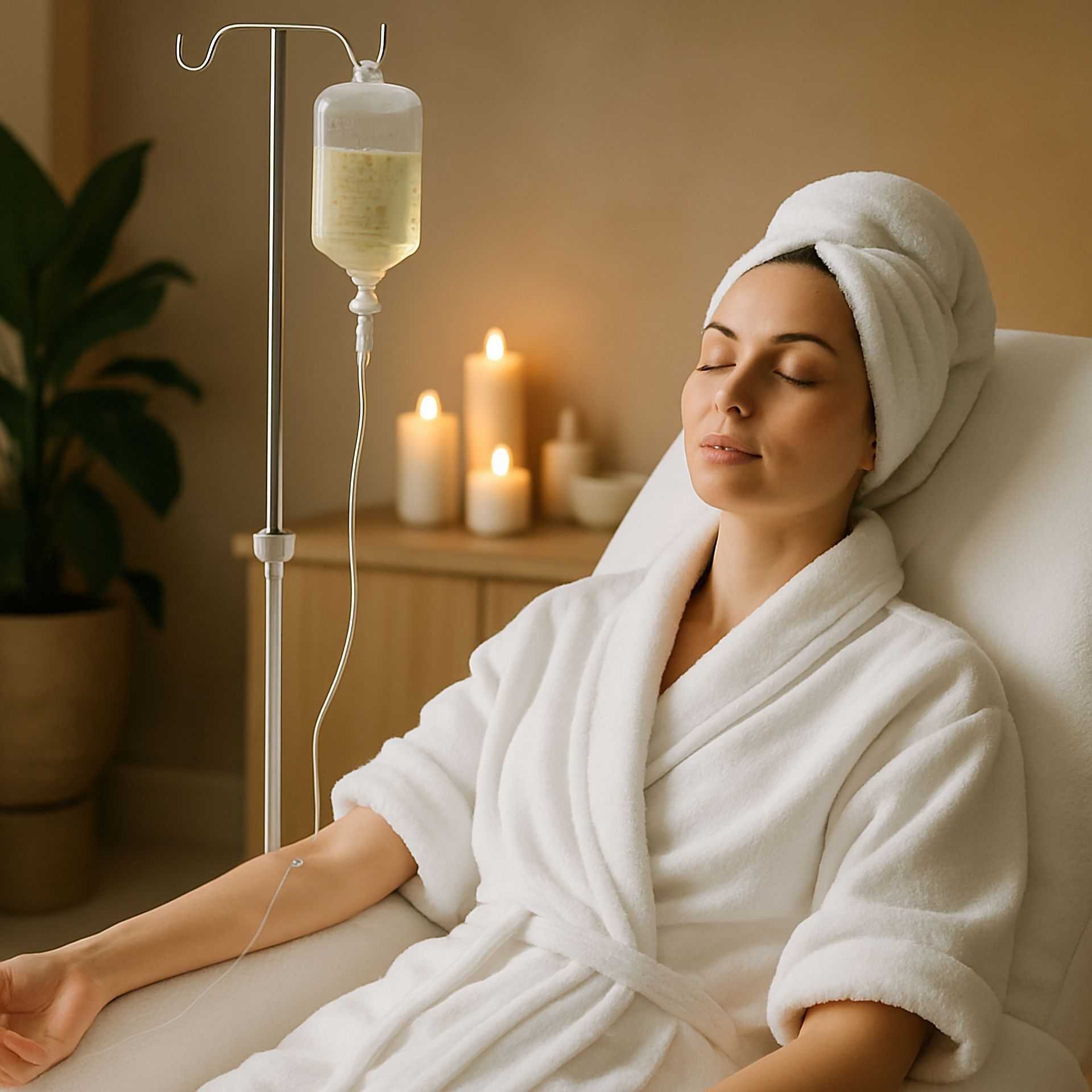 Client relaxing in an IV therapy chair with a warm blanket during a wellness package visit at Detoxity in The Woodlands, TX