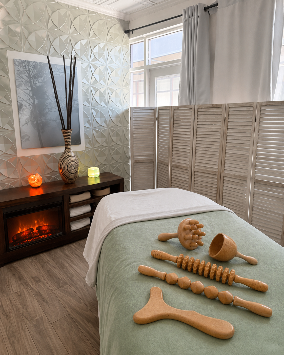 Wood therapy body sculpting tools laid out on a table in a calm treatment room at Detoxity MediSpa, The Woodlands