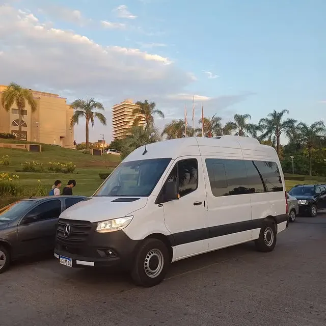 Furgoneta Mercedes blanca estacionada en una carretera asfaltada; otros coches y edificios al fondo.