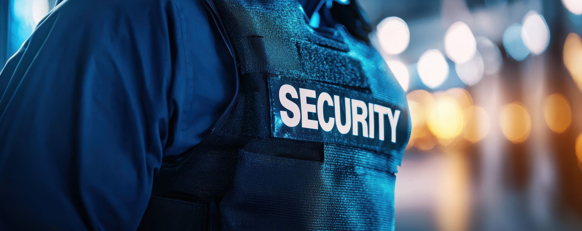 CLEET-certified security officer in a marked security vest on patrol at a commercial property.