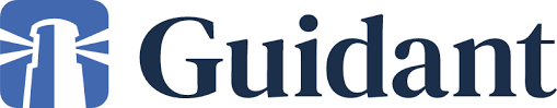 A blue and white logo for a company called guidance.