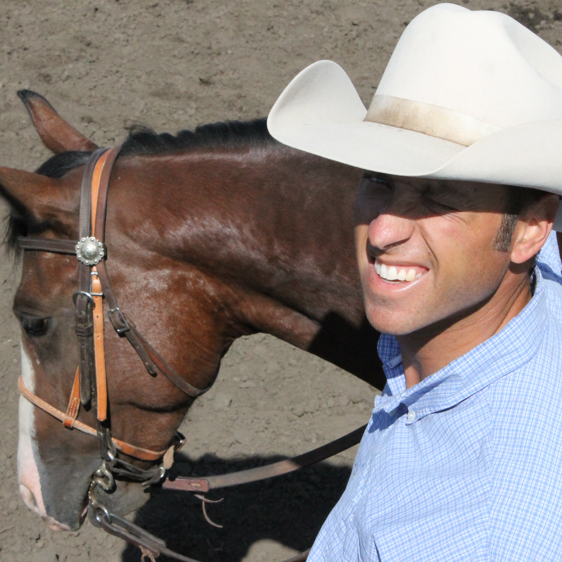 Cowboy riding a palomino horse in a dirt arena. Another horse stands in the background.