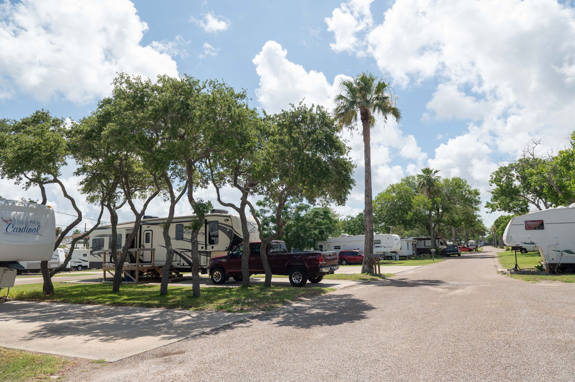Gravel campground with RVs and trailers parked under trees on a sunny day