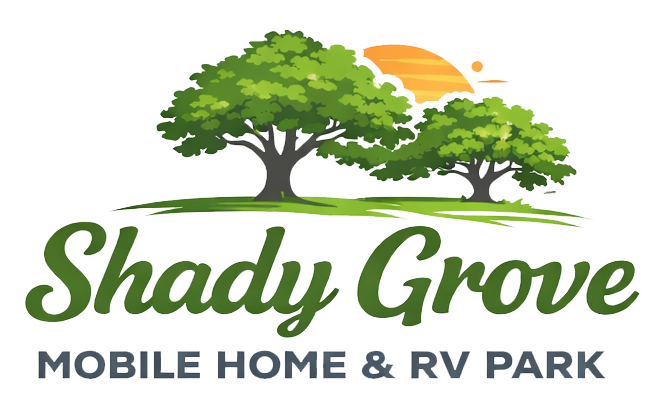 Shady Grove Mobile Home & RV Park logo with green trees and orange sun