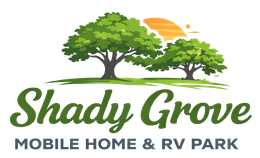Shady Grove Mobile Home & RV Park logo with green trees and orange sun