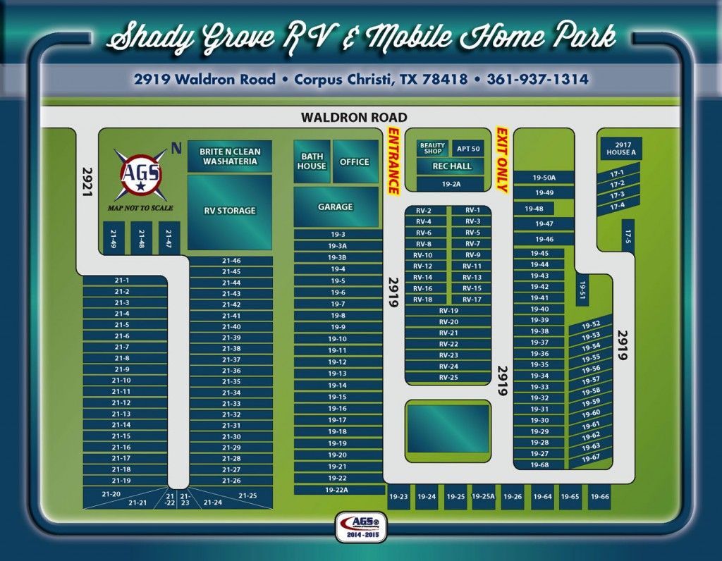 Map of Shady Grove RV & Mobile Home Park with lots and roads in green and blue.