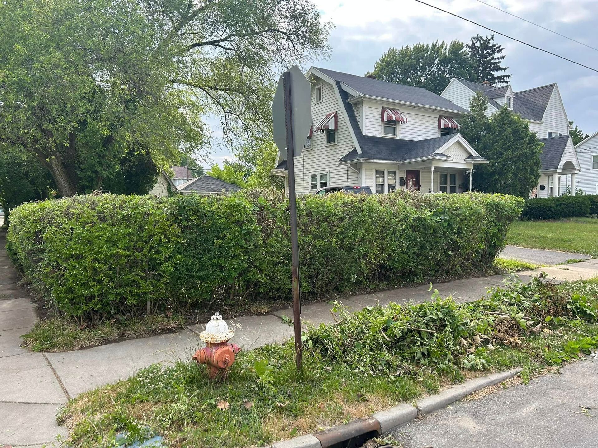 Residential street with hedges, a sidewalk, and a gray house with a satellite dish and front porch.