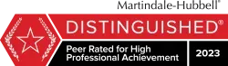 A red sign that says distinguished peer rated for high professional achievement.