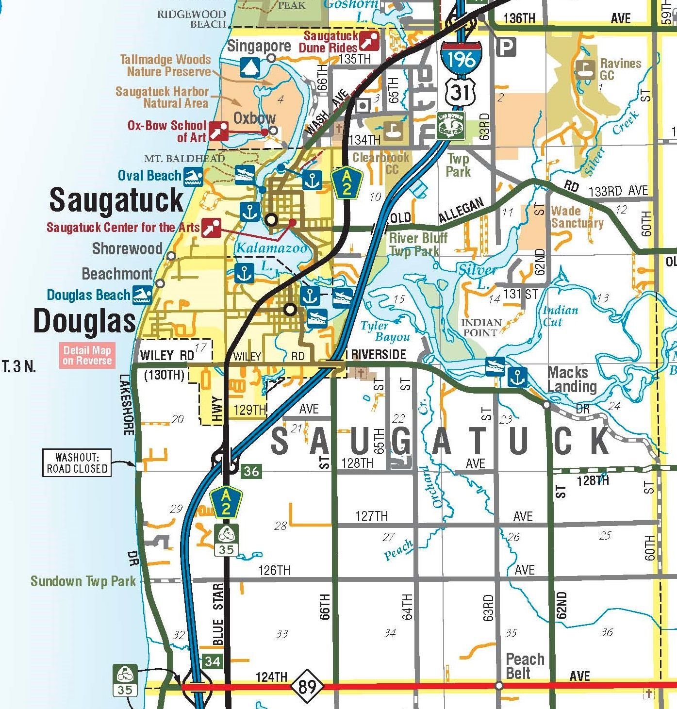 The Interurban services Saugatuck and Douglas. We go as far as 60th street and down to M89, as well as key locations in Downtown Fennville