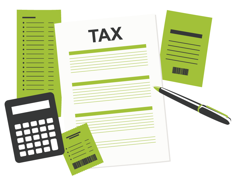 A calculator , pen , and a piece of paper with the word tax on it.