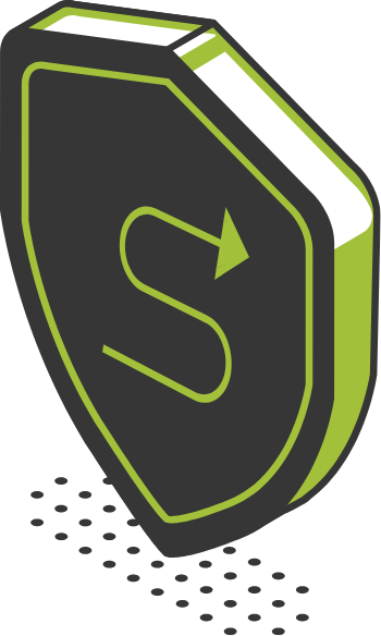 Black and green shield with a curved arrow through a letter S, suggesting security or protection.