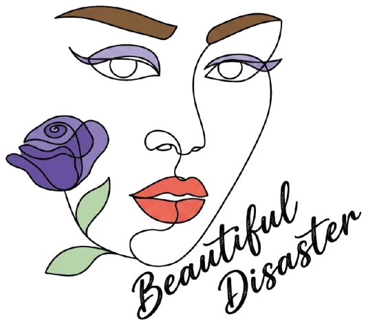 Stylized face with purple rose and script reading “Beautiful Disaster”