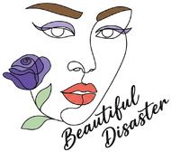 Stylized face with purple rose and script reading &ldquo;Beautiful Disaster&rdquo;