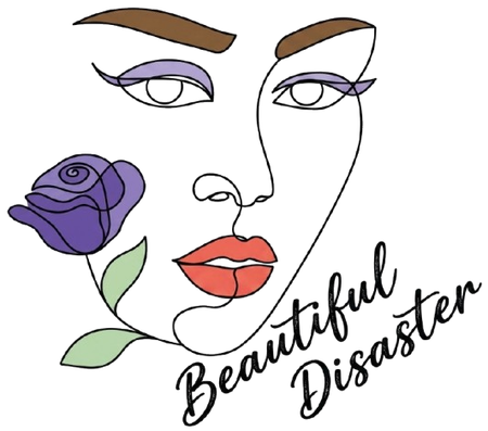Stylized face with purple rose and script reading &ldquo;Beautiful Disaster&rdquo;