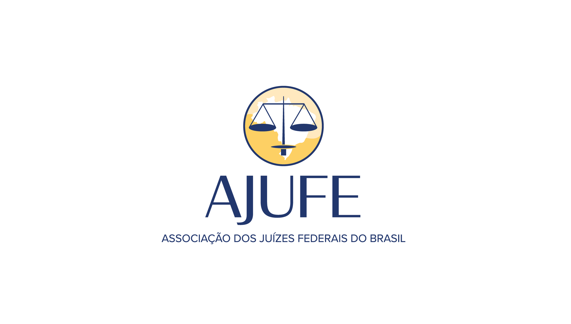 Logotipo da AJUFE com ícone de balança e texto pequeno em espanhol sobre fundo branco.