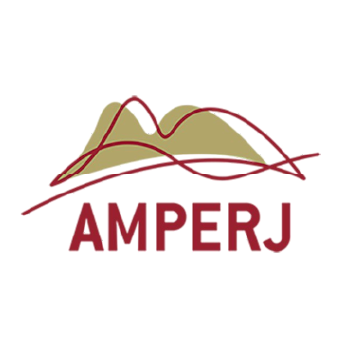 Logotipo AMPERJ com texto em bordô, montanhas estilizadas em verde-oliva e linhas vermelhas.