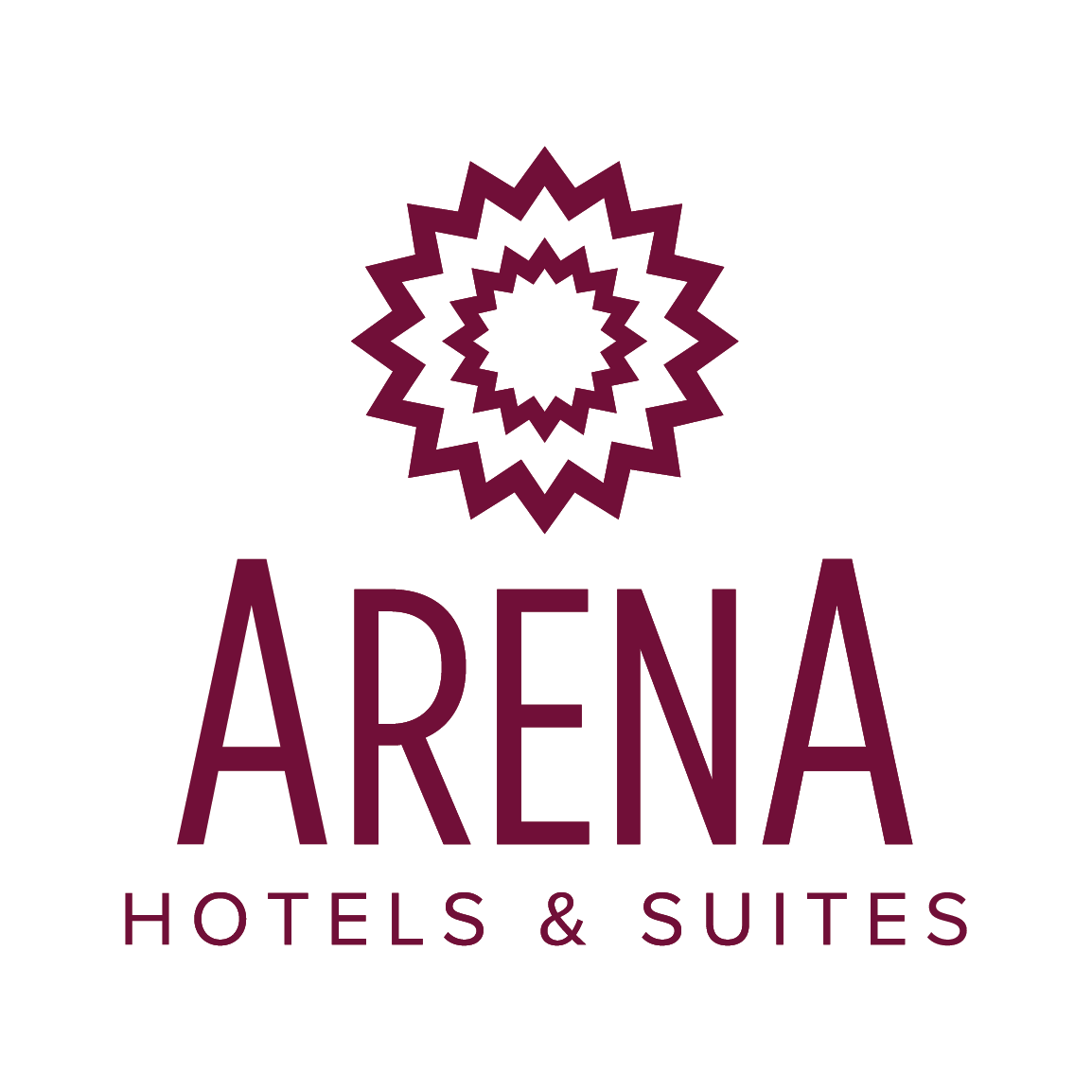 Logotipo da Arena Hotels & Suites em tom bordô com ícone de estrela acima do texto.