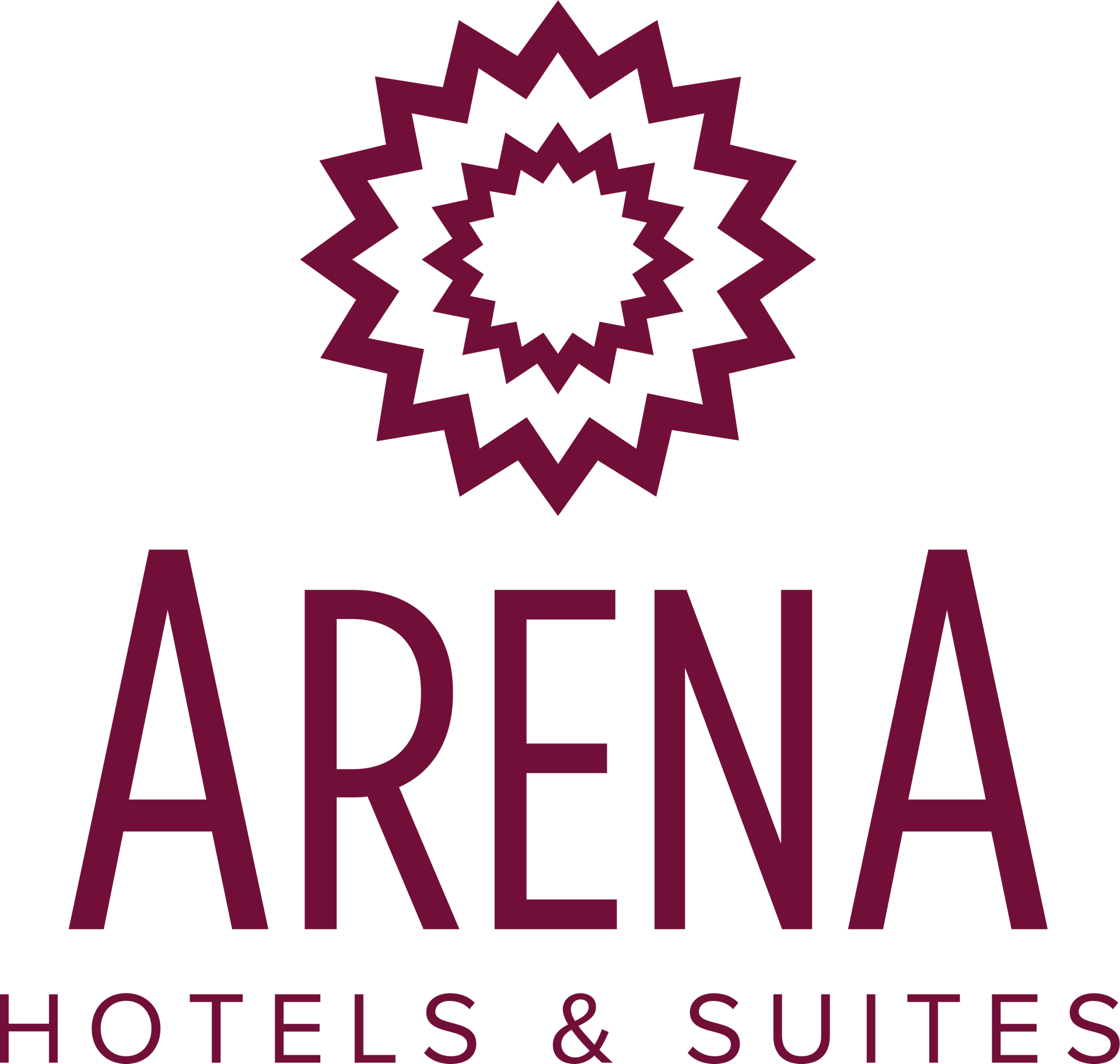 Logotipo da Arena Hotels & Suites em tom bordô com um ícone geométrico em forma de estrela acima do texto.