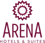 Logotipo da Arena Hotels & Suites em tom bordô com um ícone geométrico em forma de estrela acima do texto.