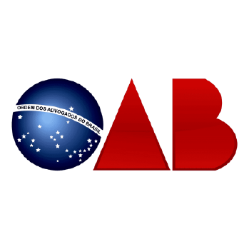 Logotipo brasileiro da OAB com emblema circular azul e letras “OAB” em vermelho sobre fundo branco.