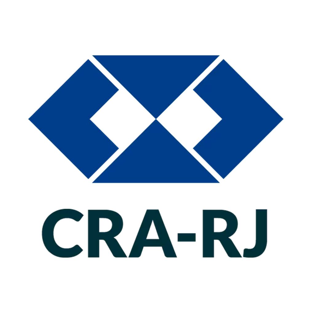 Logo azul e branco da CRA-RJ com letras “CRA-RJ” em destaque.