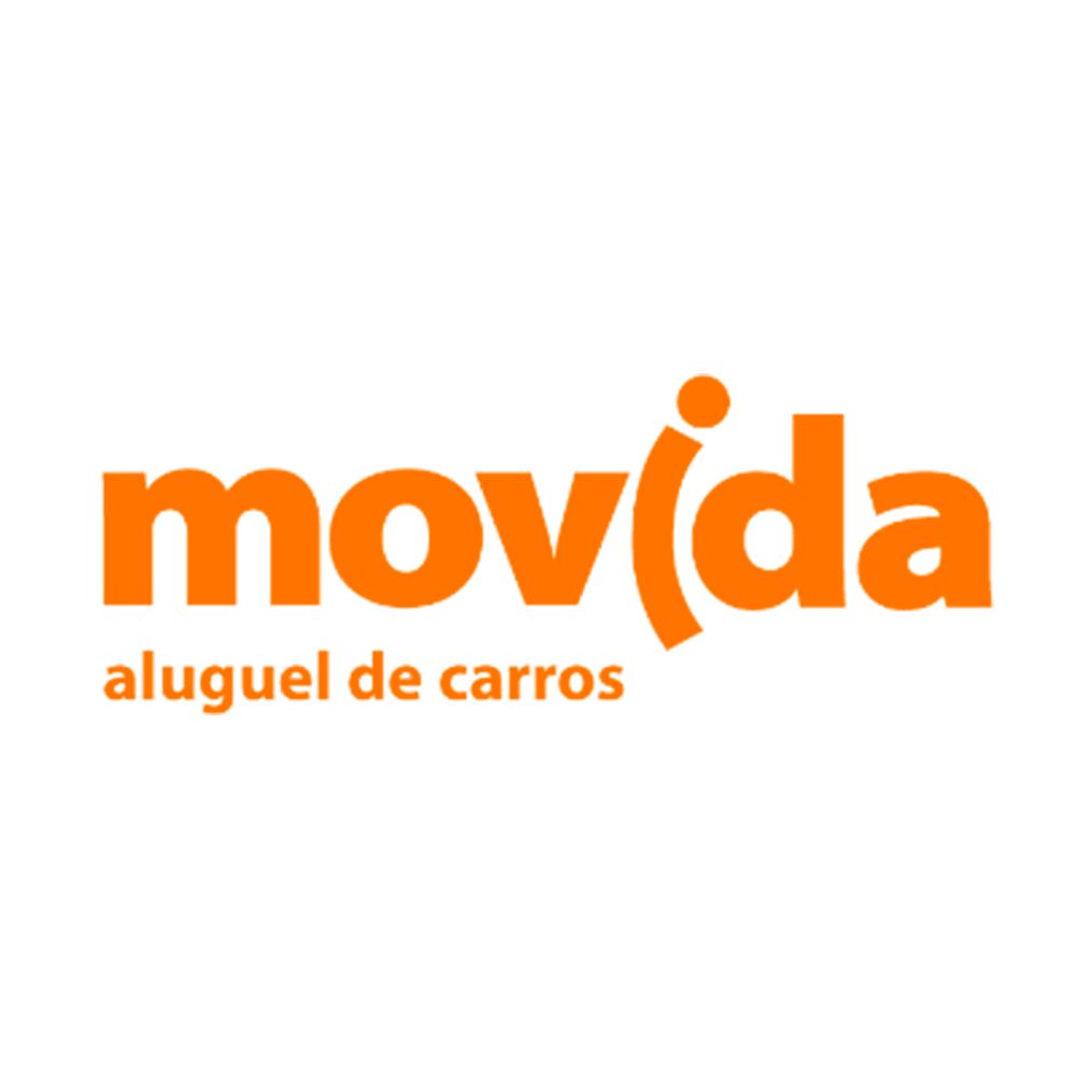 Logotipo da locadora de veículos Movida em laranja com a inscrição “aluguel de carros” sobre fundo branco.