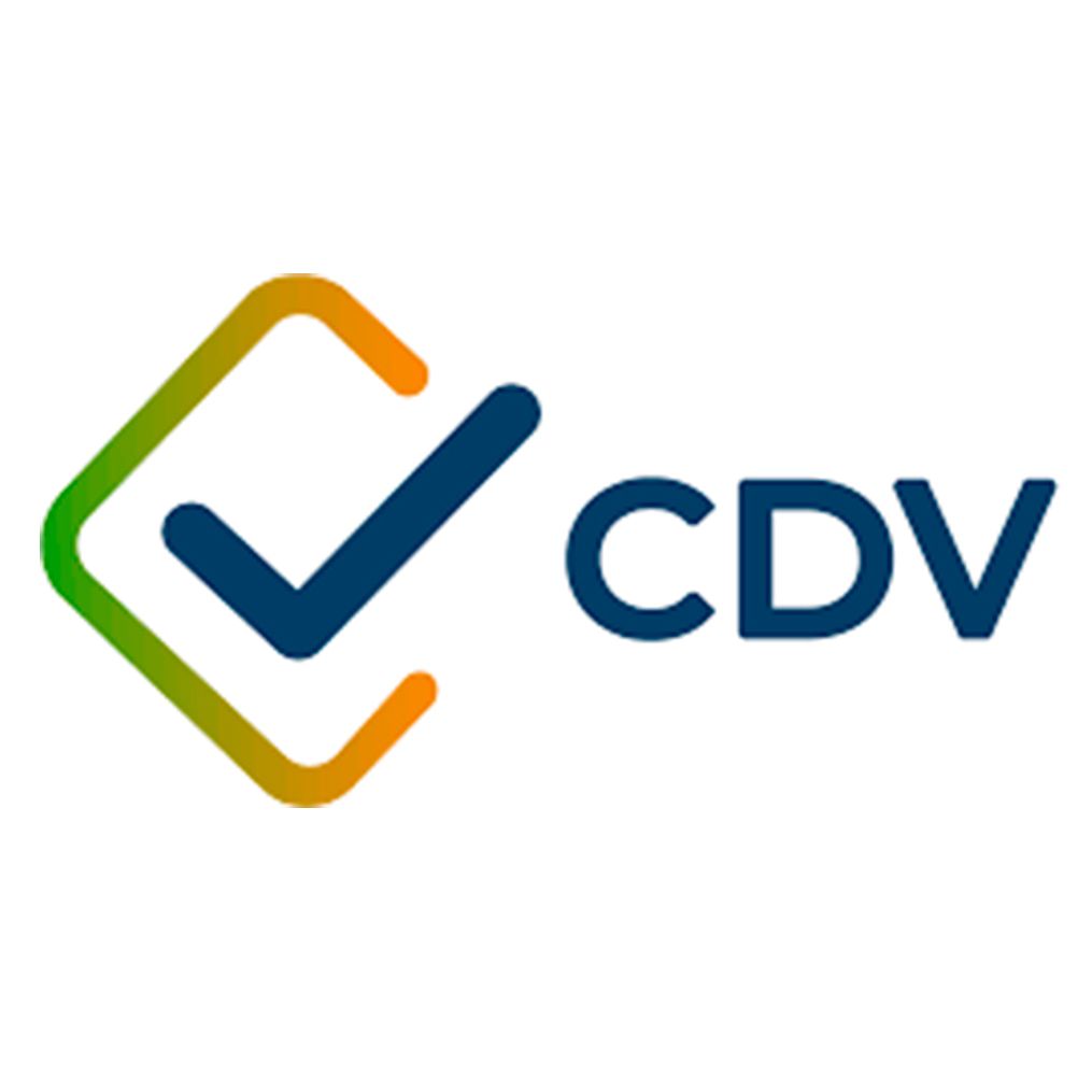 Logotipo da CDV com um símbolo de visto azul dentro de um contorno quadrado arredondado em tons de verde e laranja.
