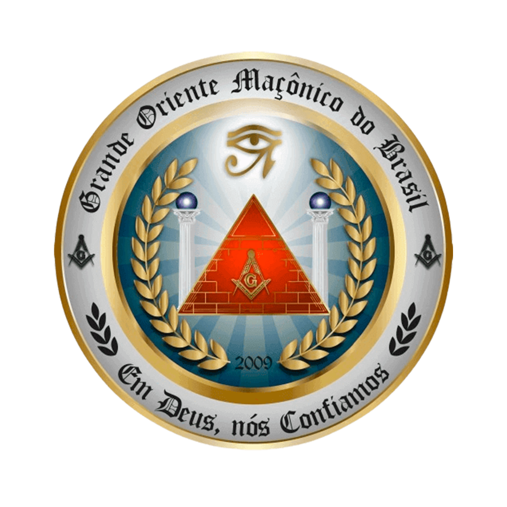 Emblem with pyramid, eye, laurel wreath and text “Grande Oriente Maçônico do Brasil” and “Em Deus, nós confiamos”