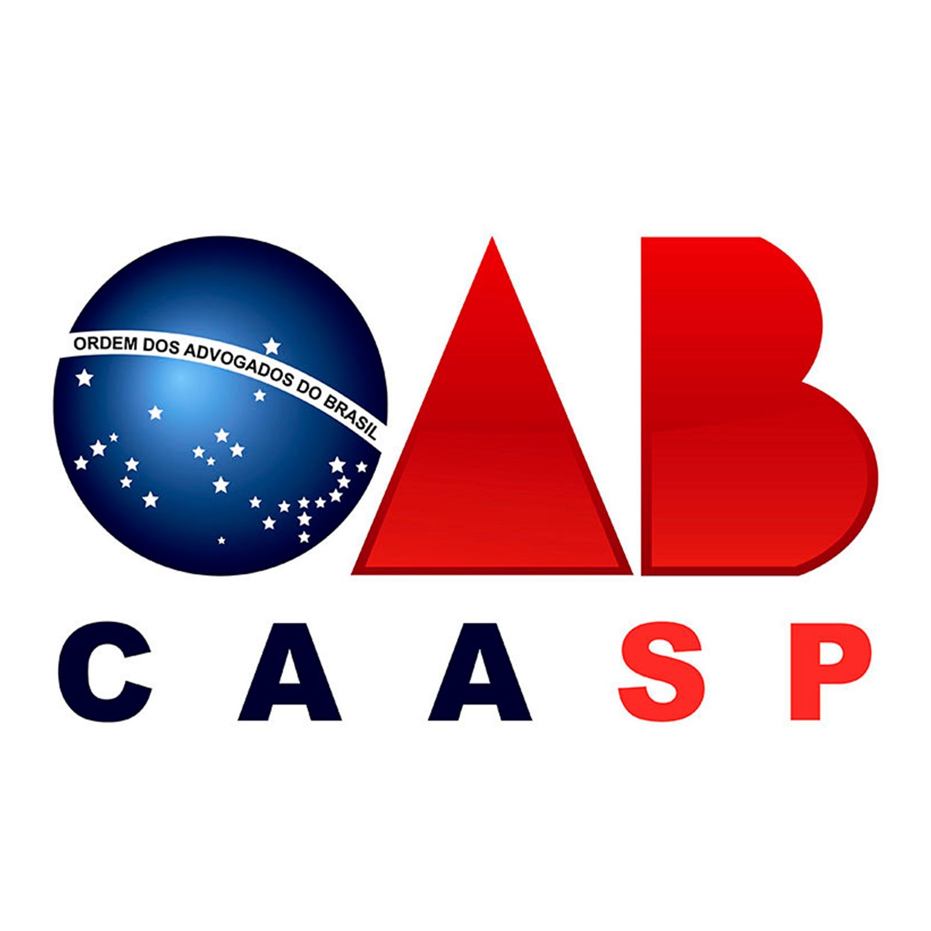 Logotipo da CAASP com globo azul, triângulo vermelho e letras em forma de B, além de letras em azul e vermelho sobre fundo branco.