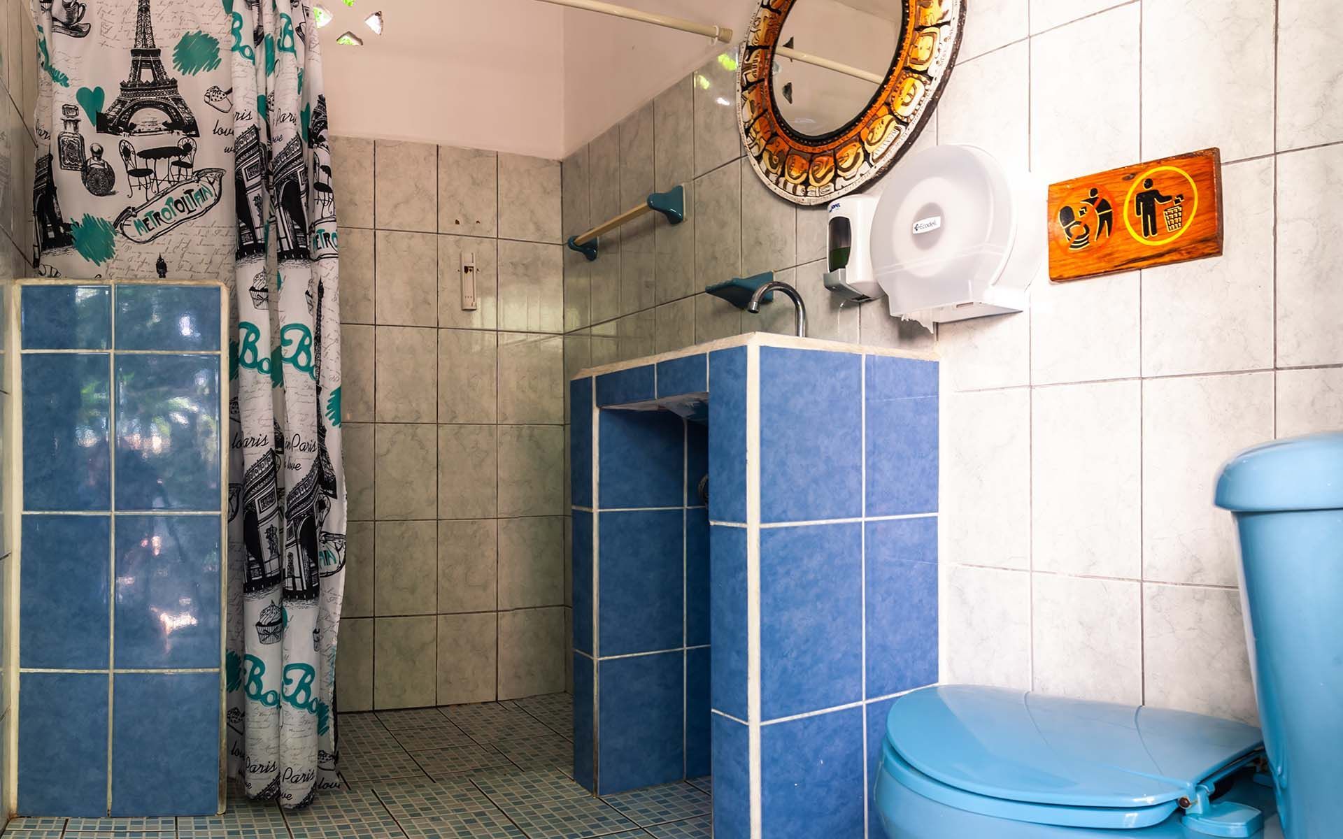 Baño con azulejos azules y blancos, cortina de ducha, inodoro y espejo.