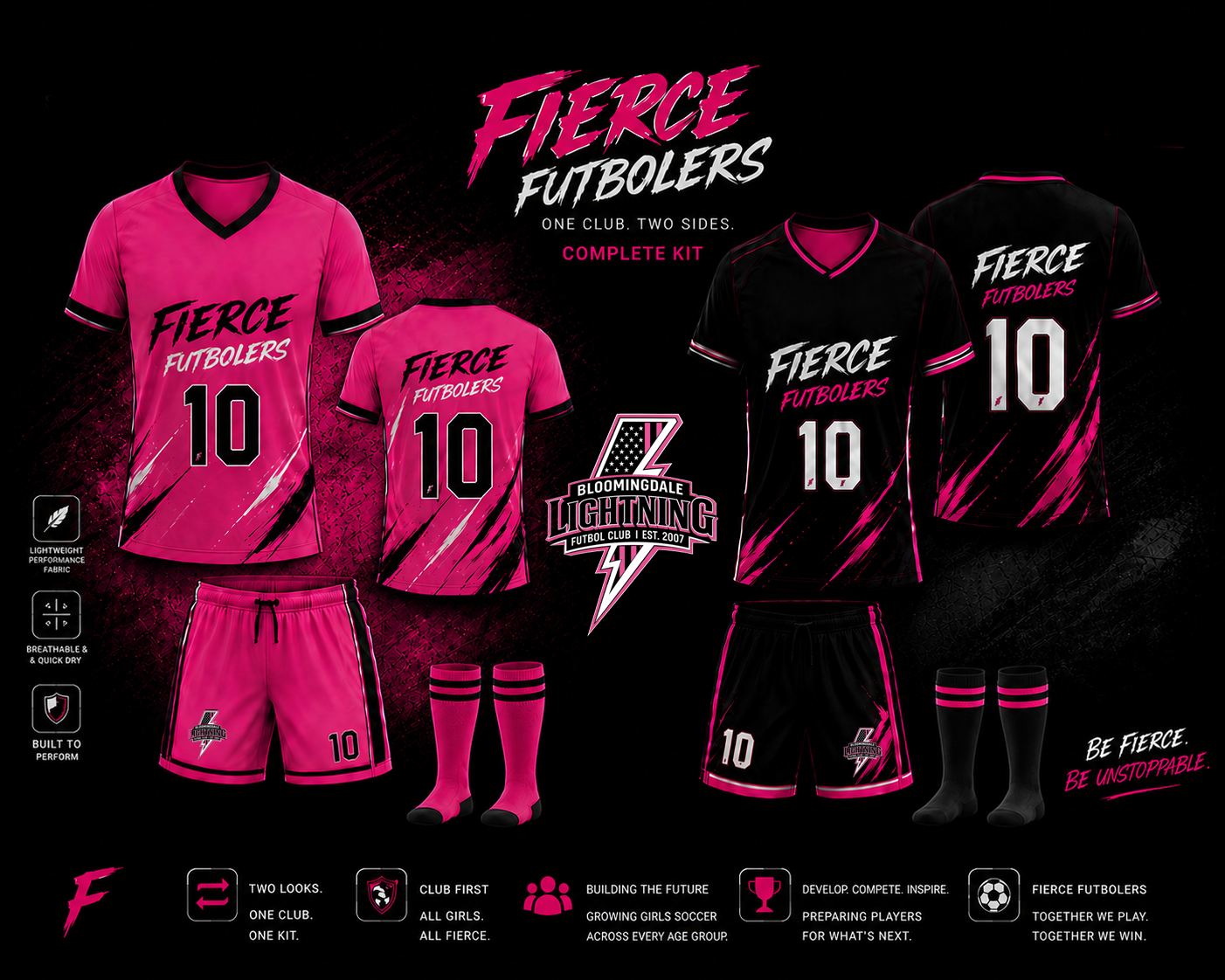 Pink and black flyer for Fierce Futbolers Lightning uniform package, 2026/2027, $175 includes hoodie, practice kits, game-day kits.