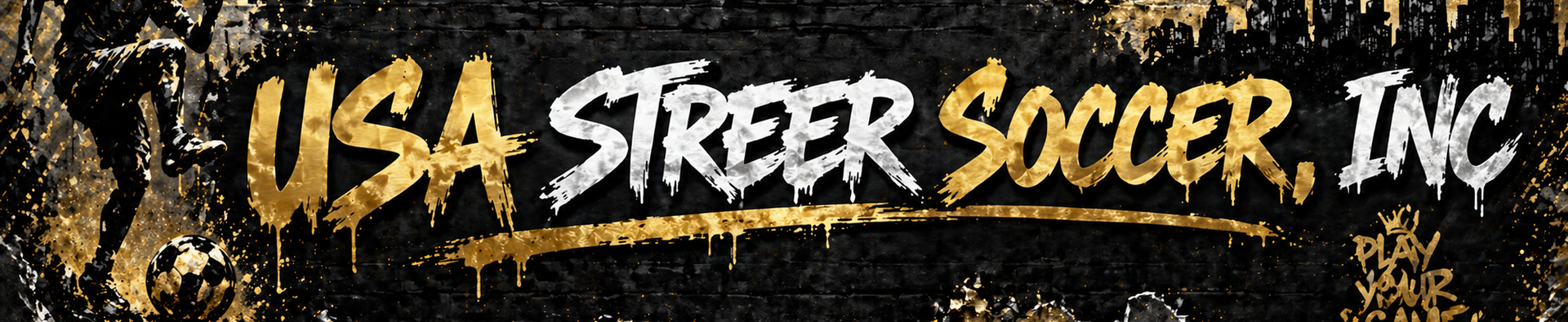 USA Street Soccer, Inc. logo in white and gold on a black textured background