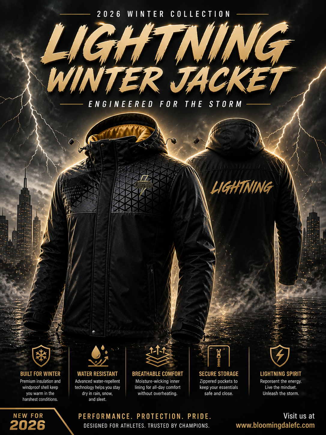 Black waterproof winter jacket with lightning design, shown on a dark stormy promotional poster.