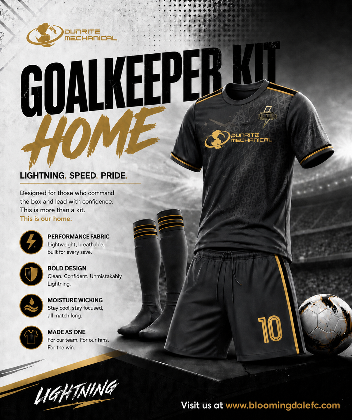 Blue goalkeeper kit ad with shirt, shorts, socks, gloves, and soccer ball on dark background