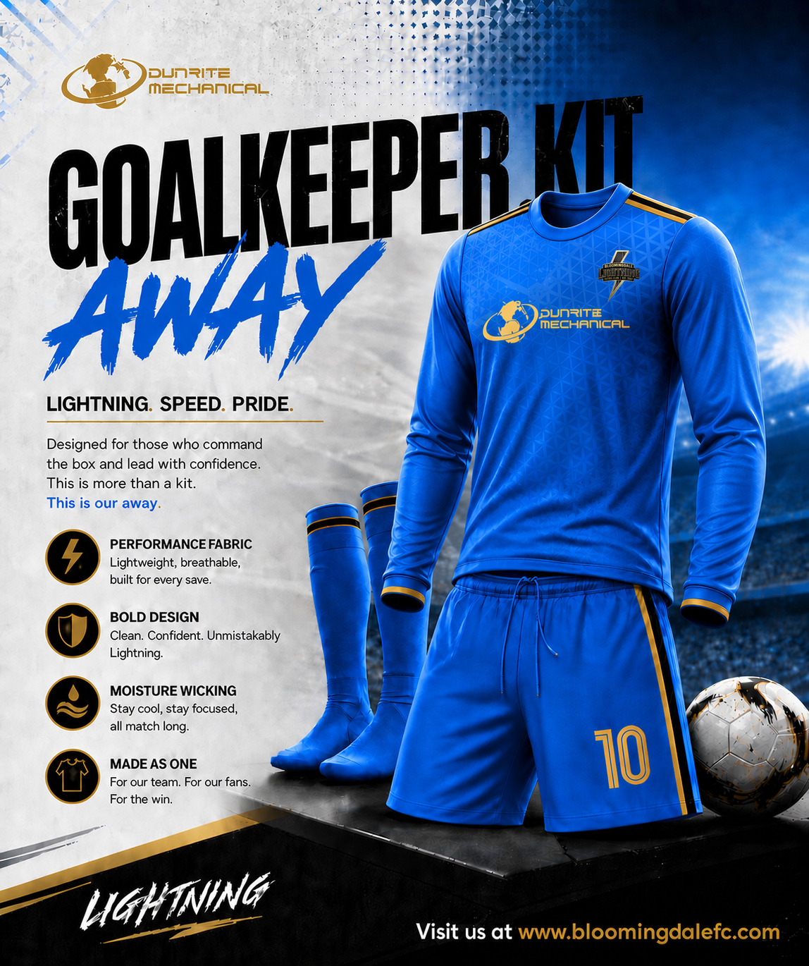 Black and gold goalkeeper kit with jersey, shorts, socks, gloves, and soccer ball on a dark background