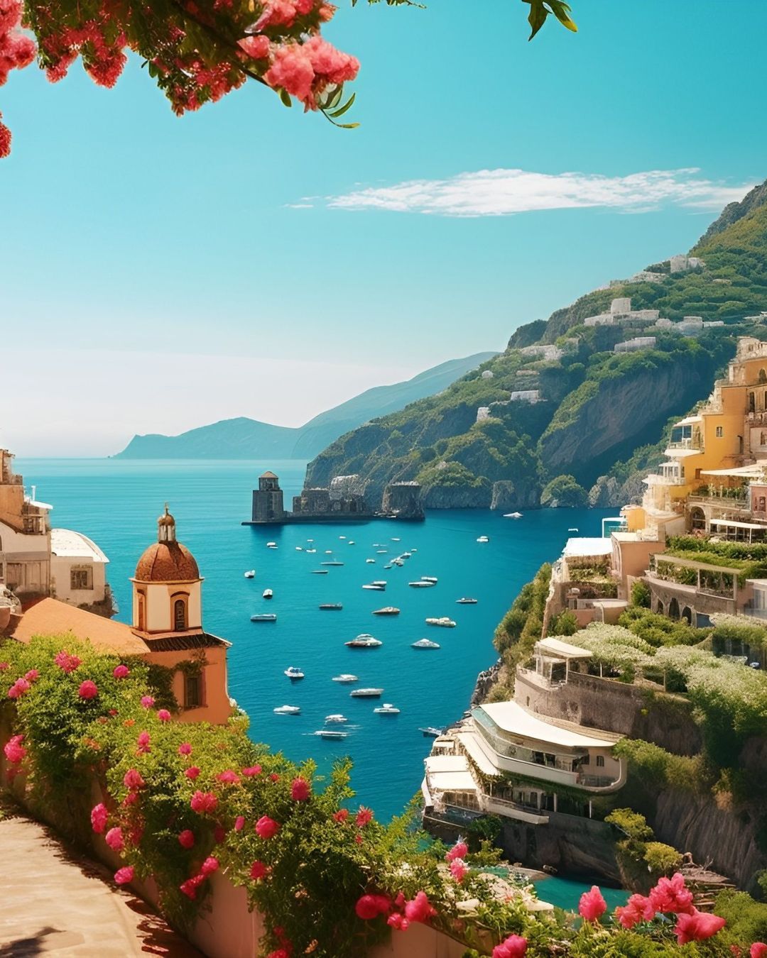 Colorful seaside village overlooking a turquoise bay with boats and cliffs under a bright sky